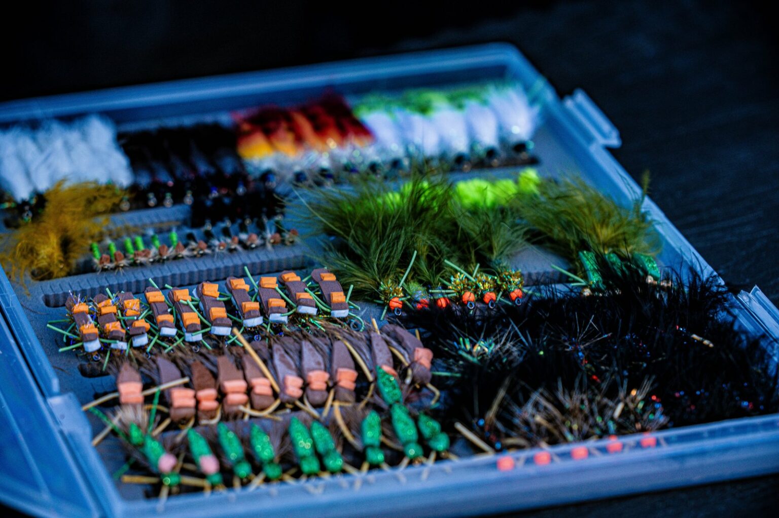 Fly box prepared for a fishing trip to Patagonia