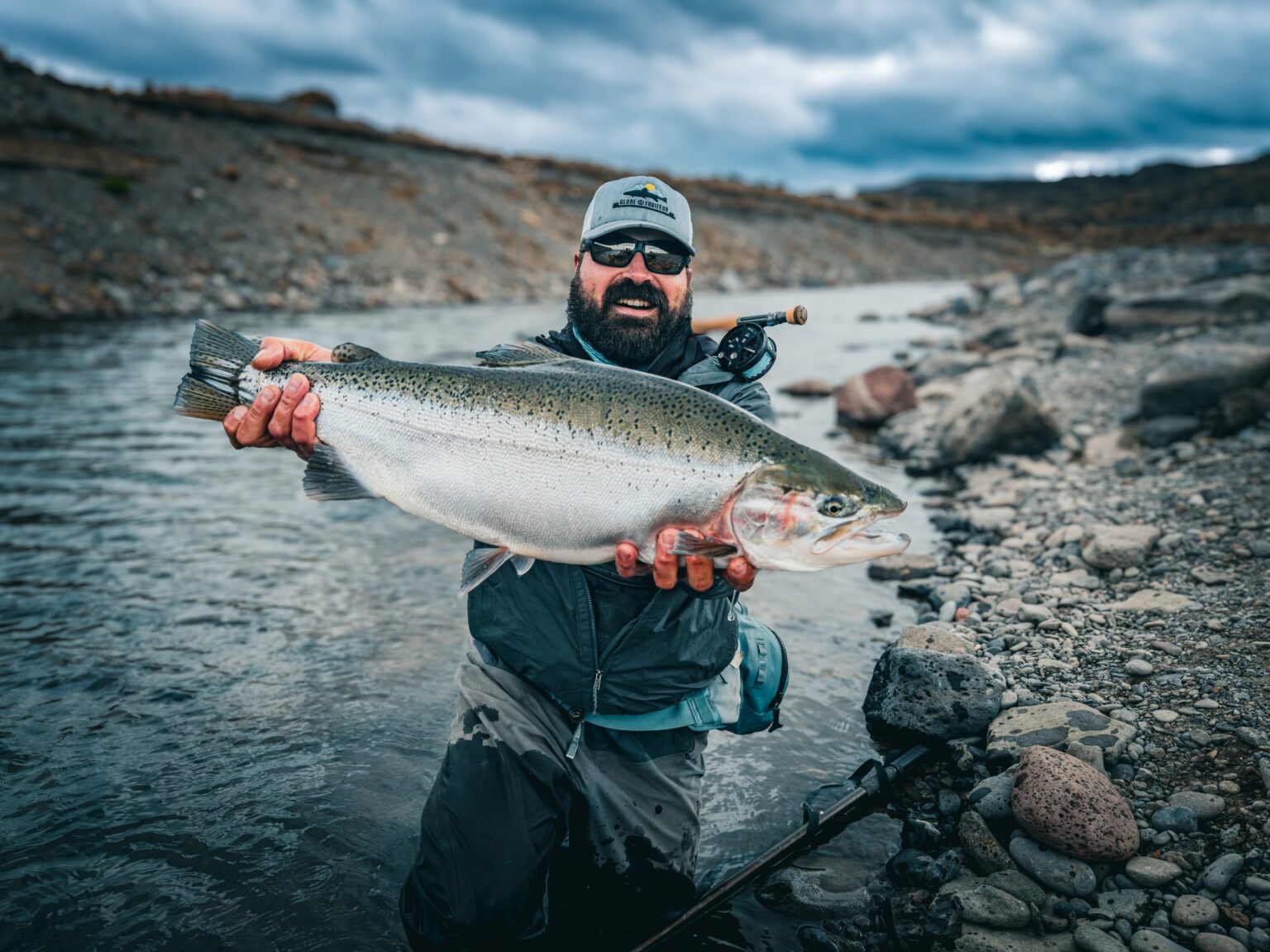 Big rainbow trout caught on the fly at the Barrancoso river mouth, Jurassic Lake