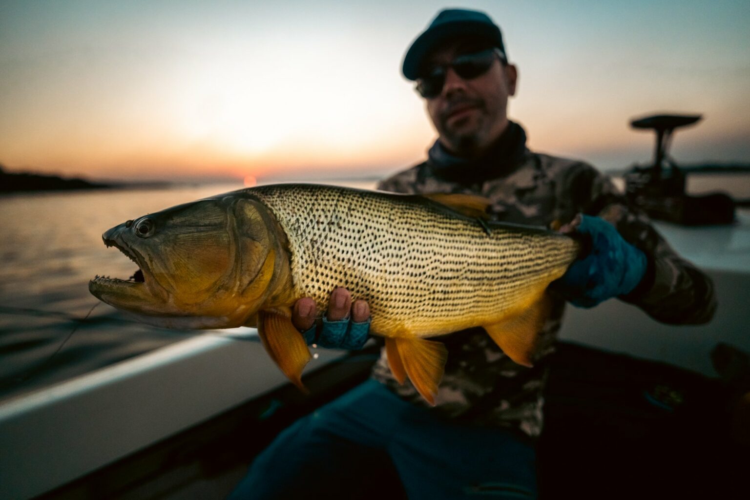 Golden dorado caught on the fly from the boat at dusk in Argentina