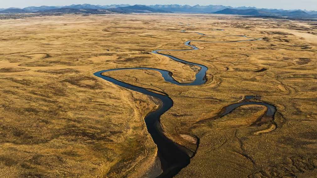 Vue aérienne des méandres du río Menéndez, Terre de Feu